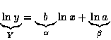 $\underbrace{\ln y}_Y = 
\underbrace{b}_\alpha \ln x + 
\underbrace{\ln a}_\beta$